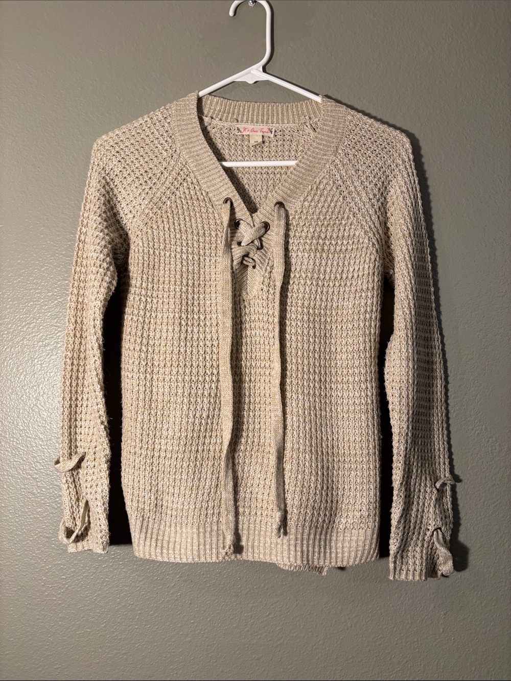It's Our Time Lace-Up V-Neck Knit Sweater - Beige